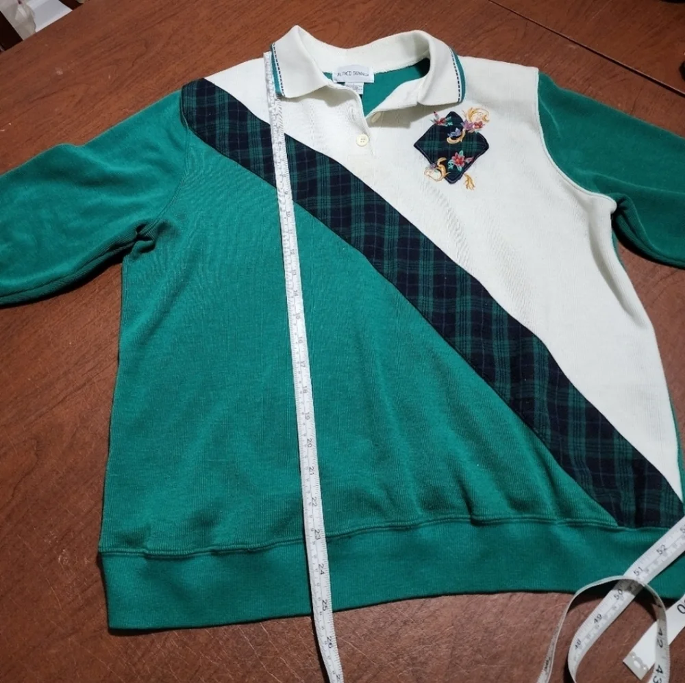 Vintage Alfred Dunner Teal and Cream White Floral Polo Collar Crewneck Sweater - Picture 5 of 7
